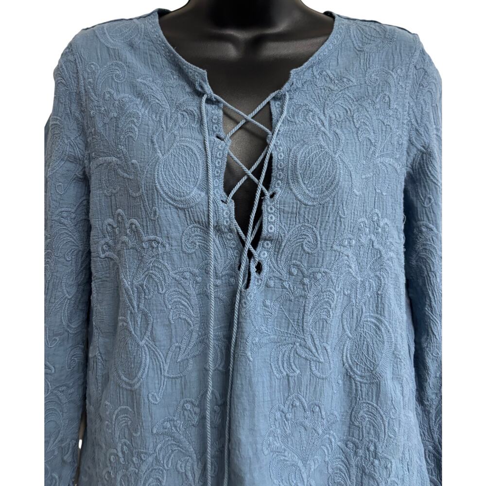 Oddy Blouse Medium Blue Boho Lace Embroidered Tassel Tie Peasant Top Nee - Picture 2 of 9